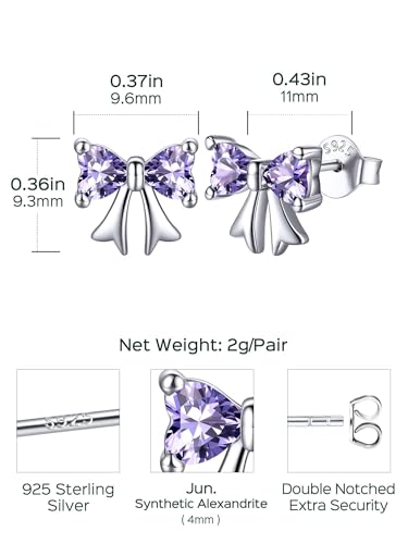 ChicSilver 925 Sterling Silver Bow/Butterfly Earrings for Women Hypoallergenic Birthstone Earrings Dainty Bow/Butterfly Jewelry Gift for Women - color: Bow-June-Alexandrite