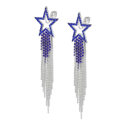 EVER FAITH Crystal Long Waterfall Star Tassel Clip-on Earrings for Women | Rhinestone Beaded Fringe Chandelier Dangle Statement Earring, Wedding Party Jewelry - color: Navy Blue Silver-Tone