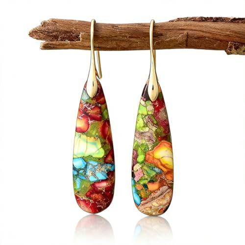 Boho Natural Imperial Jasper Teardrop Dangle Earrings for Women – Hypoallergenic French Hook Stone Drop Earrings Jewelry - color: Colorful Golden Hook #2