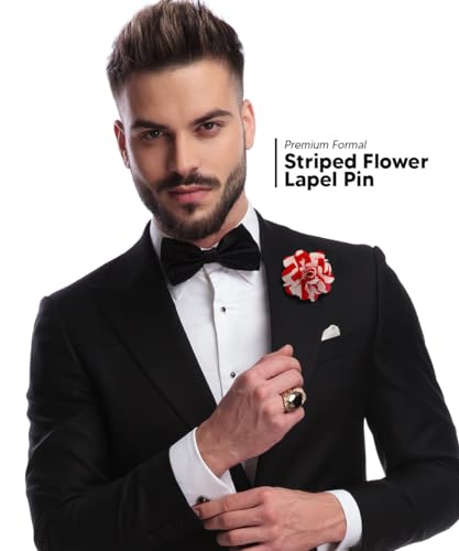Premium Men's Formal Striped Flower Lapel Pin - Boutonniere for Men, Flower Brooch Pin - color: Red/White