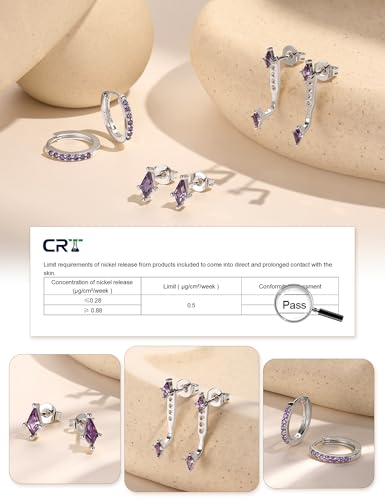 3 Pairs Stackable Kite Stud Earrings Set for Women Trendy | Dainty Birthstone Stud Gold & 925 Sterling Silver Huggie Hoop Jacket Stack Earrings for Women 2026 - color: Silver-Purple Amethyst