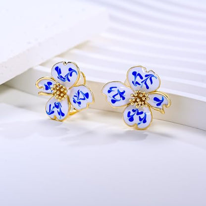 Clip on Earrings Women, 14K Gold Plated Earrings for Sensitive Ears, Fashion Women's Earrings Jewelry Birthday Gift for Wife Grandma Daughter Girls on Christmas Thanksgiving - color: Cherry Blossom Blue Marble