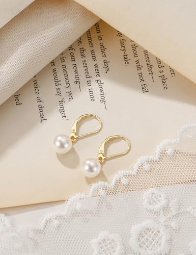 Mameloly Pearl Earrings for Women Leverback Dangle Trendy Simulated Pearl Drop Earrings 14K Gold Plated Sterling Silver 925 Cute Jewery for Women - color: 14K Gold Plated