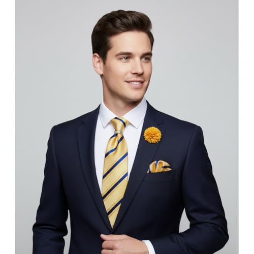 5PCS Mens Silk Tie, Pocket Square, Cufflinks, Drilled Tie Ring and Lapel Pin Set for Wedding Groom Party - color: Gold Tie Set -300+7