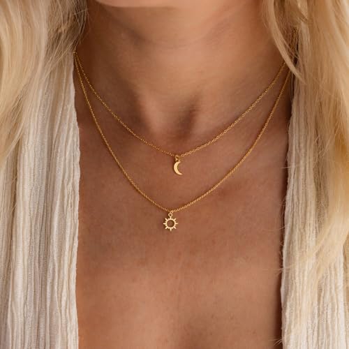 Dainty Gold Necklace: 14k Gold Plated Dianty Boots Bow Sun Moon Horse Evil Eye Conch Seahorse Necklace for Women 16.5"+2" - color: Sun&moon