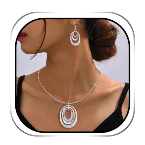 3 Circles Silver Hoop Earrings Necklace Set for Women Geometric Jewelry Set | 925 Silver Hypoallergenic Small Hoop Circle Geometry Textured Finish Minimalist Style Comfortable Wear - style: Silver Three Hoops