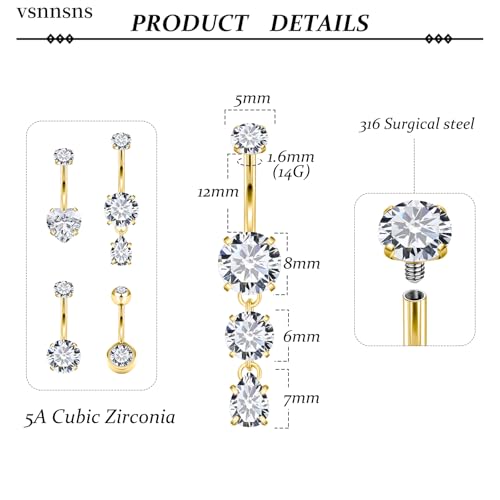 Vsnnsns 14G Dangle Belly Button Ring Piercing Jewelry 316L Stainless Surgical Steel Round Heart Cubic Zirconia Navel Rings Dangling Belly Button Ring Piercing Jewelry for Women 14 Gauge Hypoallergenic - color: Gold-12MM Bar-Clear CZ
