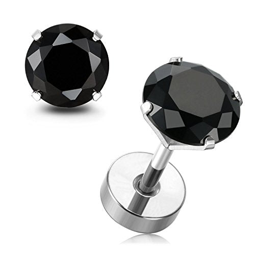 JewelrieShop Cartilage Tragus Earring Stainless Steel Stud Piercing Earring Flat Back Earrings Stud Flatback Screw Back Earrings for Women Men (16G, 6mm Bar Length, 3mm-7mm CZ, 5 Pairs) - color: 02. Steel with Jet Black CZ