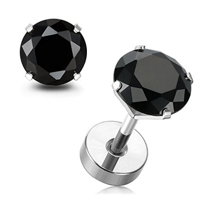 JewelrieShop Cartilage Tragus Earring Stainless Steel Stud Piercing Earring Flat Back Earrings Stud Flatback Screw Back Earrings for Women Men (16G, 6mm Bar Length, 3mm-7mm CZ, 5 Pairs) - color: 02. Steel with Jet Black CZ