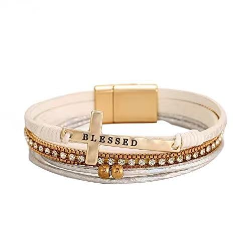 Bohemian Faux Leather Wrap Multi Layer Statement Bracelet Cross Christian Religious Leatherette Cuff Crystal Rhinestone Metallic Bead Inspirational Bracelets - color: F