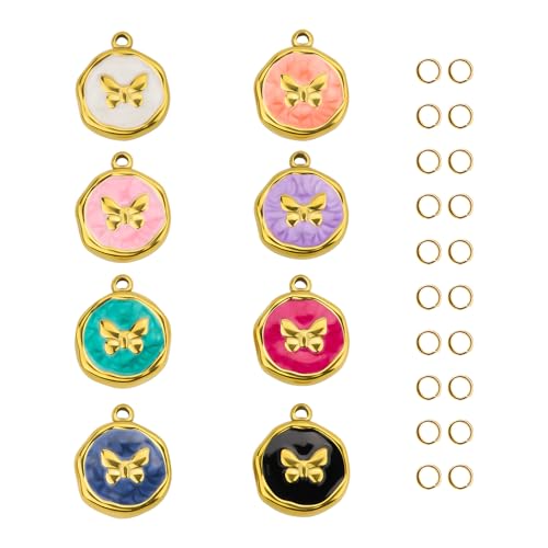 UMAOKANG 8 Pack Gold Plated Stainless Steel Round Charm for Jewelry Making, Assorted Colorful Enamel Bulk Charms Pendants with Jump Rings - color: Round Butterfly