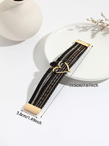 Fuqimanman2020 Heart Leather Wrap Bracelets Boho Stackable Cuff Bangles Resin Stone Rhinestone Bracelets with Clasp Christmas Jewelry Gift for Women - color: Black
