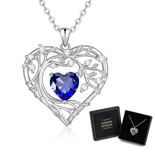 Gamtic Tree of Life Birthstone Pendant Necklace - Heart Cubic Zirconia Diamond Necklace Birth Month Necklaces Birthday Gift for Her Wife Mom Daughter Grandma Girlfriend Anniversary Jewelry Gift - style: September