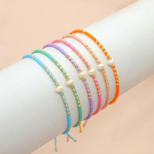 Boho Colorful Glass Gold Plated Seed Beaded Bracelets or Women, Handmade Romantic Freshwater Pearl Adjustable String Braided Rope Jewelry, Summer Beach Daily Party Friendship Gift - color: Blue