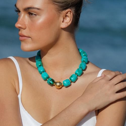 Chunky Beaded Necklace for Women Boho Statement Bead Necklace Adjustable Choker with Polished Disc/Square Beads Trendy Summer Beach Jewelry Gifts - color: Turquoise