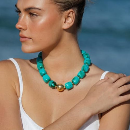 Chunky Beaded Necklace for Women Boho Statement Bead Necklace Adjustable Choker with Polished Disc/Square Beads Trendy Summer Beach Jewelry Gifts - color: Turquoise