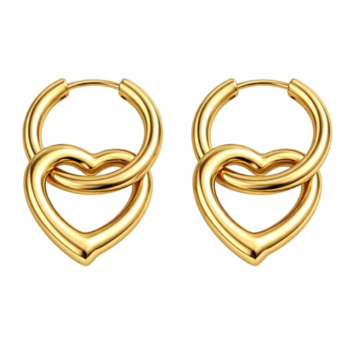 Open Heart Charm Hoop Earrings for Women by Ginger Lyne | 18K Gold Plated Stainless Steel Lightweight 12mm Classic Round Clicker for Lobe Cartilage Piercing Body Jewelry for Her - color: Gold Tone