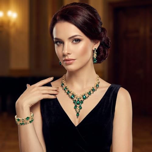 CSY Elegant Crystal Costume Jewelry Sets Flower Bridal Necklace Earrings Stretch Bangle Set for Bride Bridesmaid Wedding Dress Accessories - color: Green Crystal-Gold Tone