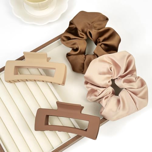 8pcs Hair Claws and Scrunchies – 4 Square Hair Clips for Women, 4 Satin Hair Scrunchies for Thick Thin Hair, Non-Slip Matte Hair Claws, Back to School Accessories, Daily Use - Beige & Brown - color: Apricot and Coffee Duo