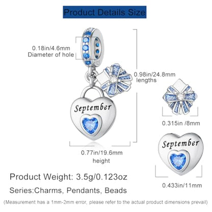 HappyStar 925 Sterling Silver Happy Birthday Bead Charm Love Heart Shape Birthstone Charms for Bracelets Dangle Pendant with 5A Cubic Zirconia Compatible Pandora Bracelets Jewelry Gift for Women - color: 9-September Birthstone Charms