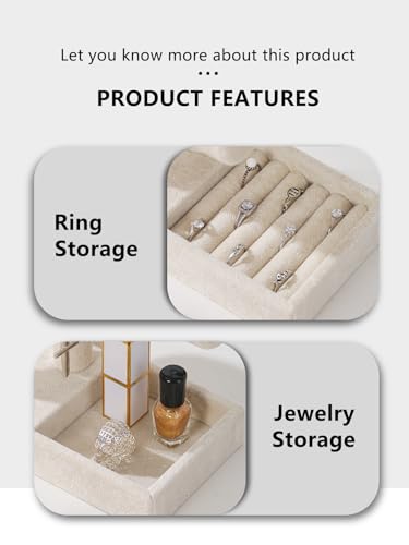 Coward 2 Tier Necklace Bracelet Holder Organizer With ring Tray, Multi-use Jewelry Display Stand For Necklace Bracelet Bangle Watch Scrunchie (Beige/no Lid) - color: Beige Velvet