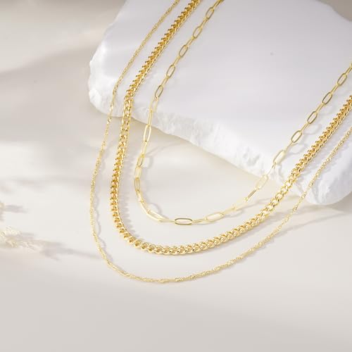 Turandoss Layered Necklaces for Women, 14K Gold Plated Chain Necklace Stack | Non Tarnish Gold Necklaces for Women, Toggle Clasp Herringbone Rope Satellite Cuban Link Chain Necklace, Trendy Jewelry Gifts - color: paperclip+cuban link+twist