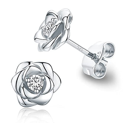 Gold Plated Sterling Silver Rose Flower Earring Studs, Hypoallergenic & Nickel Free Earrings for Women - color: White Gold Plated Silver, size: 9.0 Millimeters