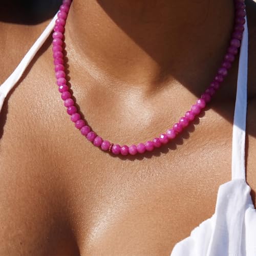 Gemstone Beaded Necklace for Women Colorful Natural Stone Freshwater Pearl Surfer Beach Rainbow Necklace Jewelry Gift - color: Rose Red