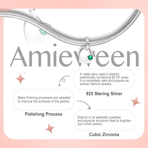 Birthstone Charm, Heart Charm Pendant Dangle with CZ, for Anniversary Birthday Mothers Valentines Day Christmas Graduation, for Yourself Family Mom Friend Girlfriend Sister Grandma - style: May