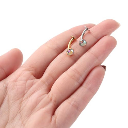 G23 Titanium Belly Jewelry 14G Flat Bottom Floating Belly Button Rings Curved Belly Barbell Navel Ring Belly Piercing 8/10/12/14mm Navel Rings Belly Piercings Jewelry for Women - color: Style1:Silver+AB CZ