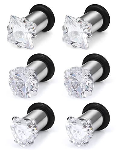 8G 6G 4G 2G 0G 1/2 inch Stainless Steel Ear Gauges - Round, Square, Heart, Cubic Zirconia - 3mm to 12mm - Silver, 3 Pairs - color: Gauge=4g=5mm