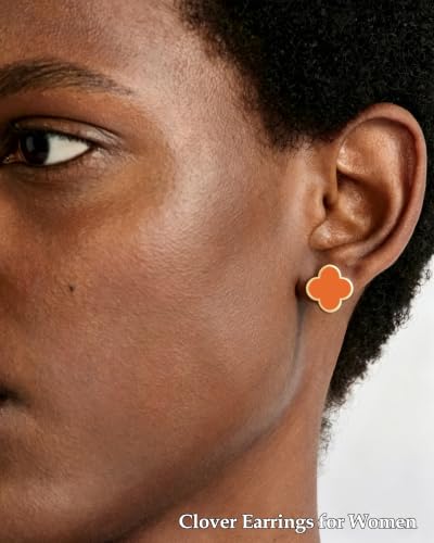 Clover Jewelry Set 3 PC - 18K Gold Plated Stainless Steel Y Necklace Four Leaf Pendant, Clover Bracelet Charm, 4leaf Earrings, Hypoallergenic Non-Tarnish, Lucky Jewelry Gifts for Women Mom - color: Orange/Gold