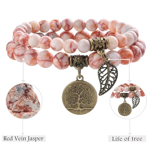 Bivei Natural Semi Precious Gemstone beads bracelet for women - Life Tree and Leaf Charm Energy Reiki Crystal Stretch Bracelets - color: Red Vein Jasper Bracelet Set, size: Medium:6.8-7.24inch