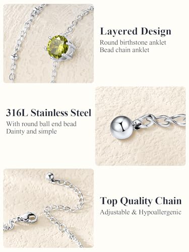 U7 Silver Ankle Bracelet for Women, Waterproof Layered Ankle Round Gem Birthstone Anklets, Summer Beach Foot Jewelry, Adjustable 8.5"-10.5" - color: 08.August-Peridot Yellow