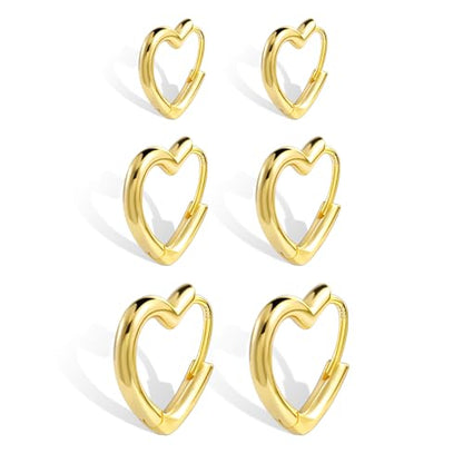Silver 3 Pairs Heart Earrings Set for Women 14K Gold Plated Hoops, ALEXCRAFT Minimalist Hearts Shaped Small Big Silver Huggie Hoop Trendy Earring Hypoallergenic Thick Chunky Earings - color: Gold