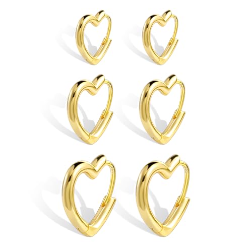 Silver 3 Pairs Heart Earrings Set for Women 14K Gold Plated Hoops, ALEXCRAFT Minimalist Hearts Shaped Small Big Silver Huggie Hoop Trendy Earring Hypoallergenic Thick Chunky Earings - color: Gold