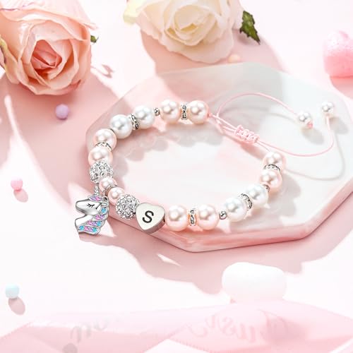 Hidepoo Gifts for Kids Girls - Unicorn Bracelets for Girls Kids, CZ Initial Unicorns Bracelet Adjustable Heart Initial Unicorn Bracelets Jewelry Birthday Gifts for Girl - style: B