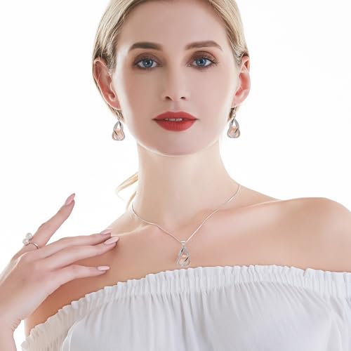 Pearl Jewelry Set For Women S925 Sterling Silver/14K Gold Plated Necklace & Earrings Set Freshwater Pearl Pendant Cage Set for Wedding Anniversary Prom Birthday Gift - color: Silvery-Pink