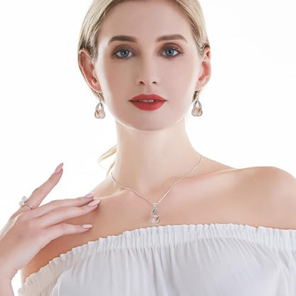 Pearl Jewelry Set For Women S925 Sterling Silver/14K Gold Plated Necklace & Earrings Set Freshwater Pearl Pendant Cage Set for Wedding Anniversary Prom Birthday Gift - color: Silvery-Pink
