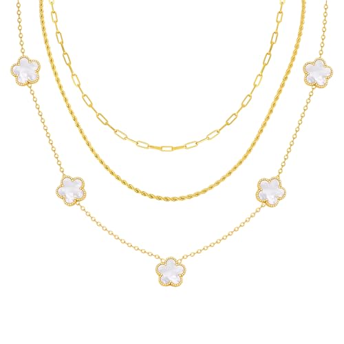 MPRAINBOW Gold Layered Necklace for Women - 3Pcs 18K Gold Plated Floral Necklaces, Stainless Steel Stackable Cuban Link Chain Non Tarnish Trendy Jewelry, Herringbone Chains Christmas Birthday Gifts - color: White 02