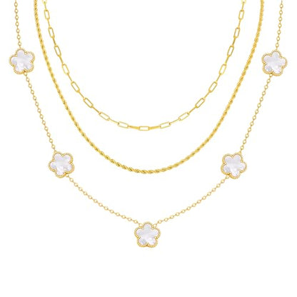 MPRAINBOW Gold Layered Necklace for Women - 3Pcs 18K Gold Plated Floral Necklaces, Stainless Steel Stackable Cuban Link Chain Non Tarnish Trendy Jewelry, Herringbone Chains Christmas Birthday Gifts - color: White 02