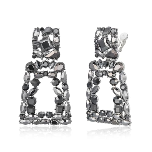 Flyonce Rectangle Clip-on Drop Earrings for Women, Sparkly Rhinestone Crystal Geometric Statement Non Pierced Earring Wedding Prom Party Jewelry for Brides Bridesmaid - color: Charcoal Grey