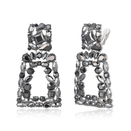 Flyonce Rectangle Clip-on Drop Earrings for Women, Sparkly Rhinestone Crystal Geometric Statement Non Pierced Earring Wedding Prom Party Jewelry for Brides Bridesmaid - color: Charcoal Grey
