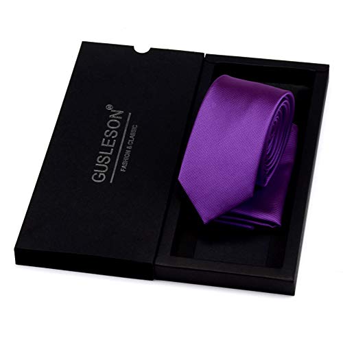 GUSLESON 2.4" Slim Necktie and Handkerchief Set For Men Solid Skinny Tie Set - color: Lavender Lilac