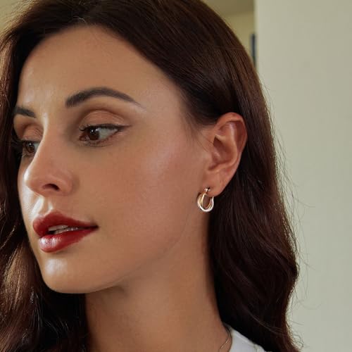 14K Gold Plated Two-Tone Oval Hoop Earrings for Women, Water Drop Design Lightweight Huggie Earrings,925 Sterling Silver Posts Double Drop Chunky Hoops Hypoallergenic Ear Buckles - color: Rose Gold
