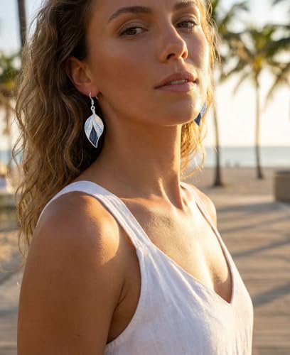 Leaf Dangle Earrings for Women, Boho Tropical Dangling Jewelry, Summer Earring Accessory, Birthday Gift for Her - color: Blue