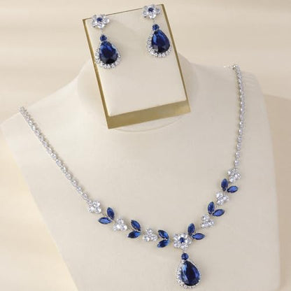 OIDIMS Elegant Teardrop Flower Leaf Wedding Bridal Jewelry Set for Women Ladies Cubic Zirconia Pendant Choker Necklace Drop Dangle Earring Fashion Evening Party Formal Costume Accessories Jewelry - color: Blue