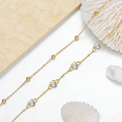 Midari 18K Yellow Gold Gemstone Birthstone Anklet Bracelet Heart Jewelry with 12 Months Birthstone Birthday Gifts for Women Wife Her Daughter Mom - color: 04-Apri-White CZ, size: Anklet 9"-11"