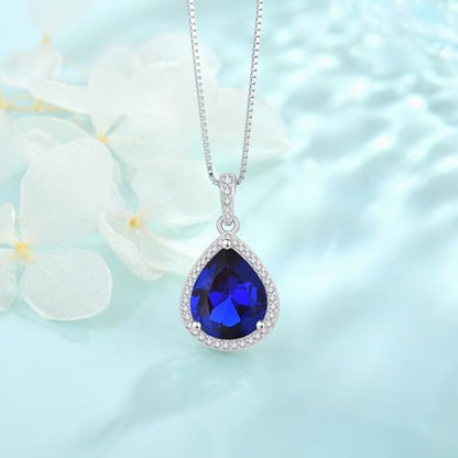 FJ Teardrop Pendant Necklace 925 Sterling Silver Birthstone Jewelry for Women - color: 09 September-Sapphire