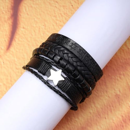 Braided Faux Leather Bracelet Punk Cuff Wrap Bracelets for Men Women Skull,Star,Bull bracelets - color: A1:4PCS